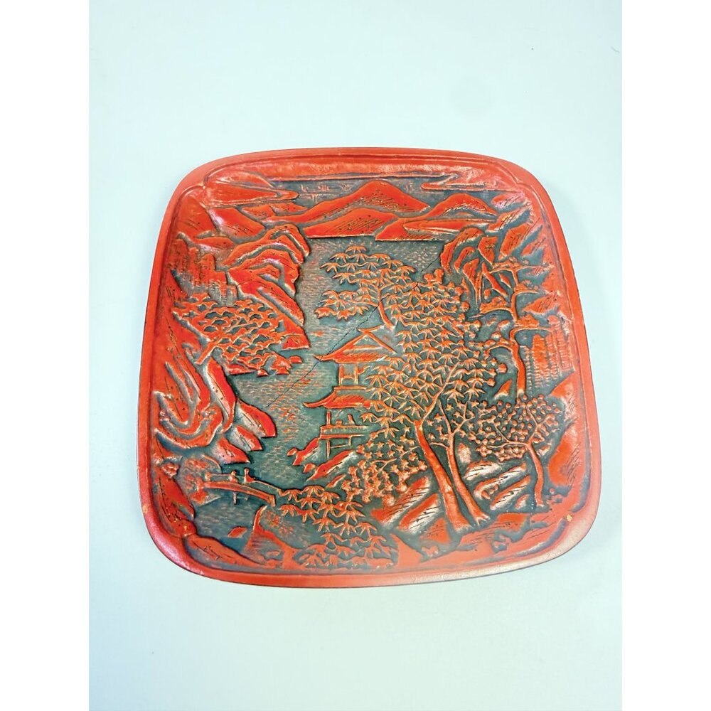 Appitizer Plates Set 3 Vintage Japanese Cinnabar Lacquer Ware Oriental Pagoda - Picture 10 of 12